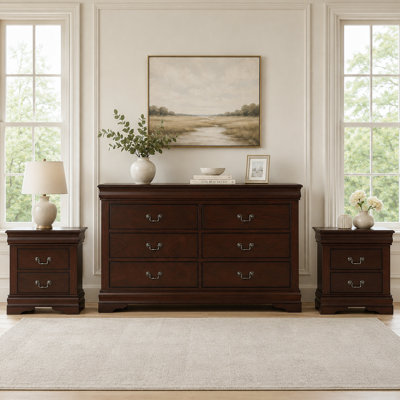 Ensemble de meubles de chambre à coucher transitionnels 3 pièces, commode 6 tiroirs + tables de chevet 2 tiroirs, armoire de rangement en bois massif avec poignées en métal, 4 couleurs disponibles (noir / blanc / gris / cerisier foncé)