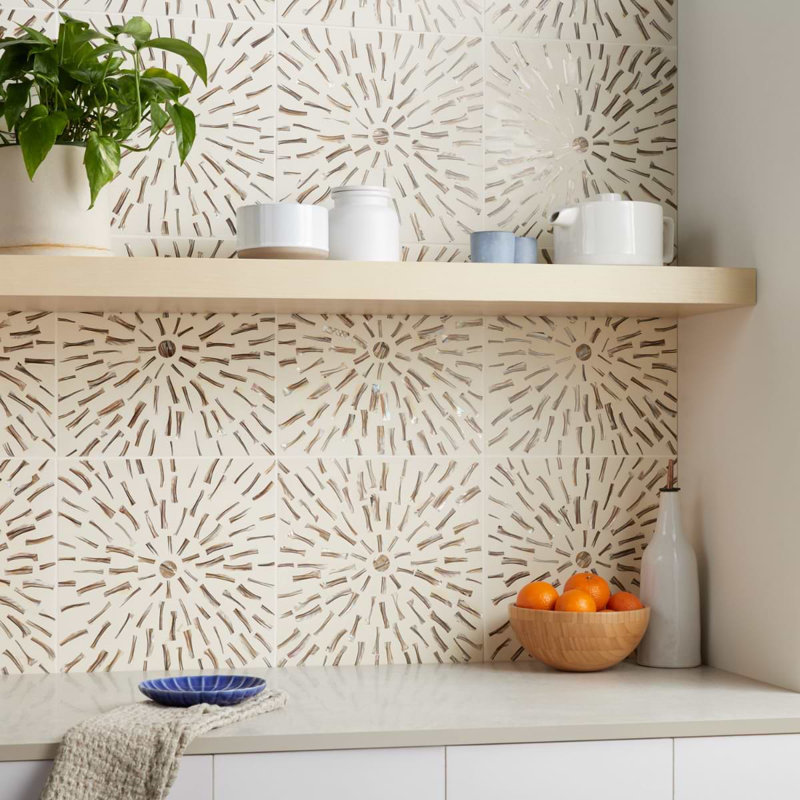 Estee 12x12 Polished Pearl Inlay and Cement Tile, Golden White