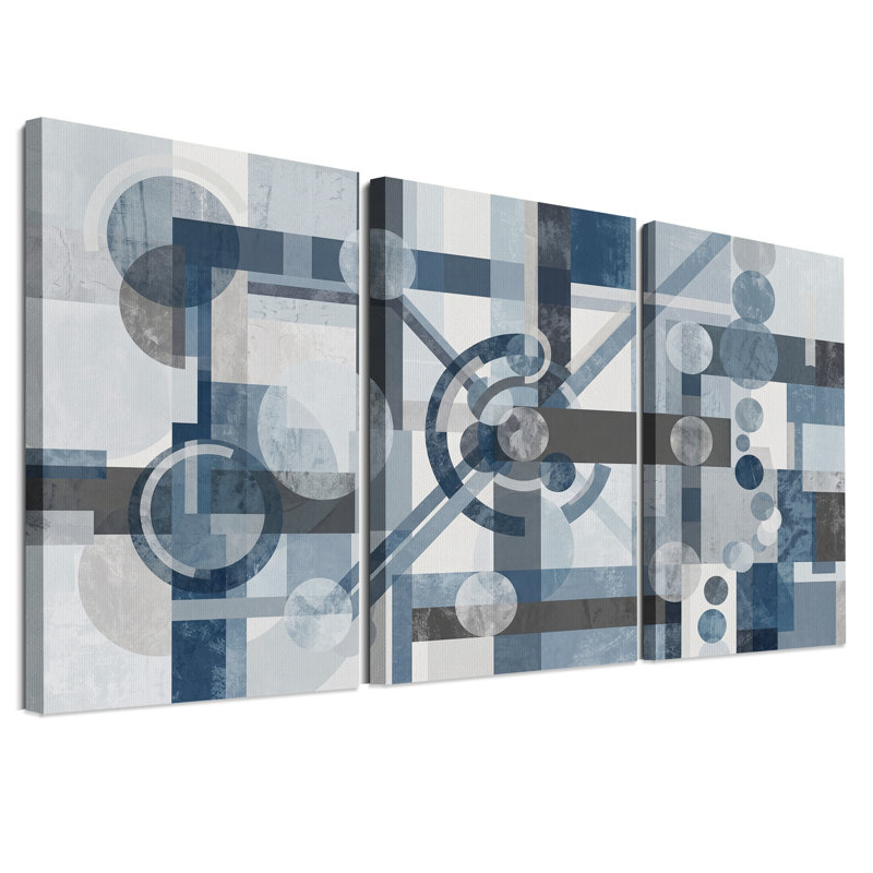 Ensemble de 3 tableaux sur toile représentant des cercles géométriques abstraits bleus et gris, 24"H x 16"W x 3pcs