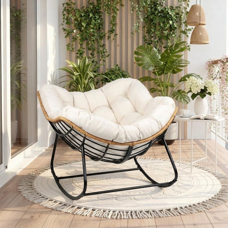 Fauteuil à bascule Papasan en osier pour l'extérieur et l'intérieur, avec coussin de 16 cm d'épaisseur et structure en acier en forme d'œuf.