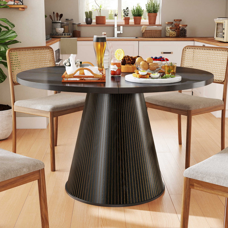 47 Inch Round Dining Table For 4, Fluted Farmhouse Kitchen Table, Dinner Table For Kitchen Living Room, Black