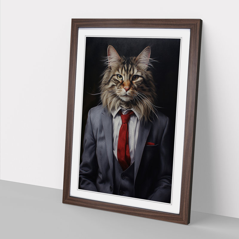 Cat In A Suit No.8 Framed Print, Walnut , 64cm H x 46cm W x 2cm D