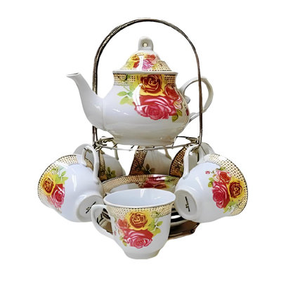 Service à thé en porcelaine à motif floral doré avec théière, 6 tasses à thé et support en métal