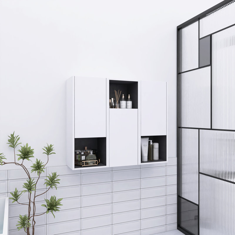 Bathroom Side Cabinet X3, 3-Soft Close Doors, Float Mounting Design, White