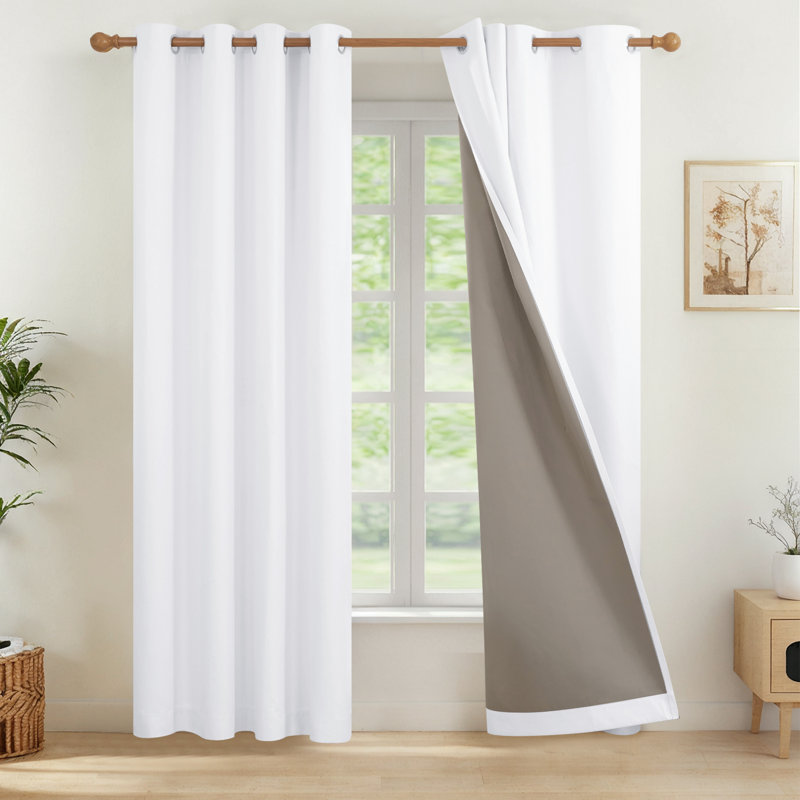 Full Blackout Faux Linen Look Thermal Insulated Grommet Curtains (Set of 2), White, 52" W x 54" L