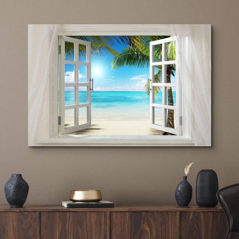 «Glimpse Into Sunshine And White Beach Open Window Canvas Wall Art Stretched Canvas Prints» sur toile, H 16 po x l 24 po