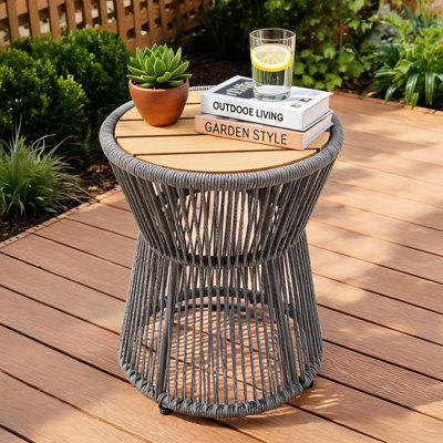 16" Round Outdoor Side Table, Weather Patio Rattan End Table with WPC Wood Top,Coffee Table for Porch, Balcony, Backyard and Poolside