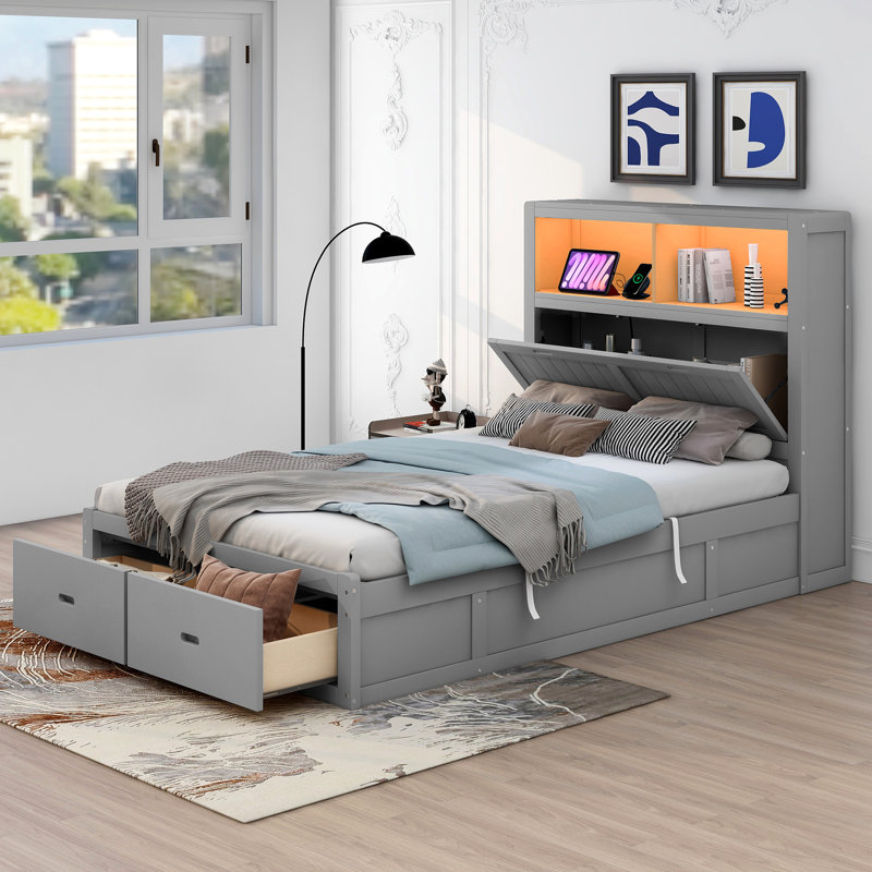 Lit plateforme double en bois avec tête de lit à DEL, station de charge et 2 tiroirs, gris, Gris, Lit double