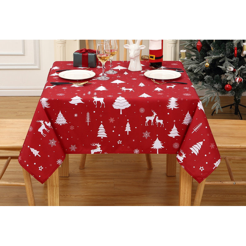 Christmas Table Cloth, Waterproof Holiday Xmas Deer Tree Kitchen Christmas Table Cover, 137cm D x 274cm L, White/Red