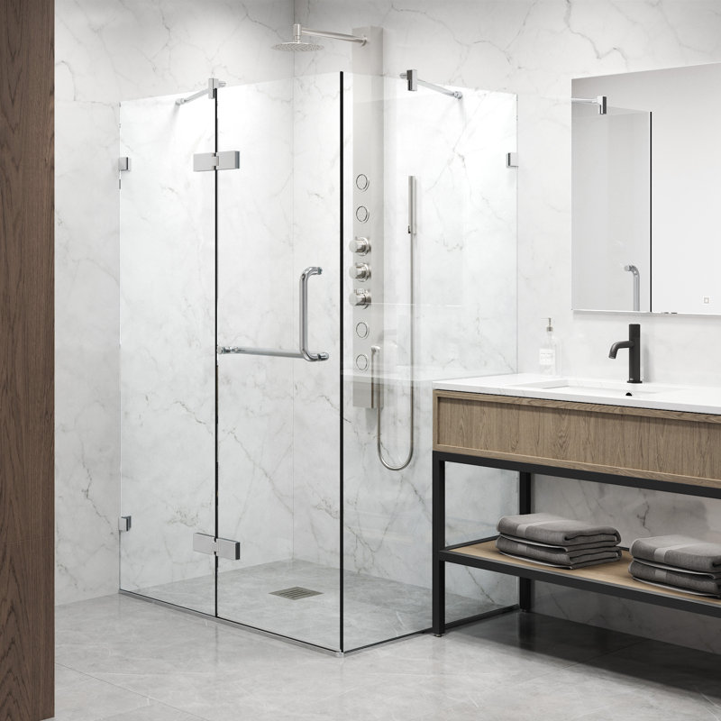 Monteray 46" W x 30" D x 73" H Hinged Frameless Shower Enclosure with 3/8  Clear Glass, Chrome
