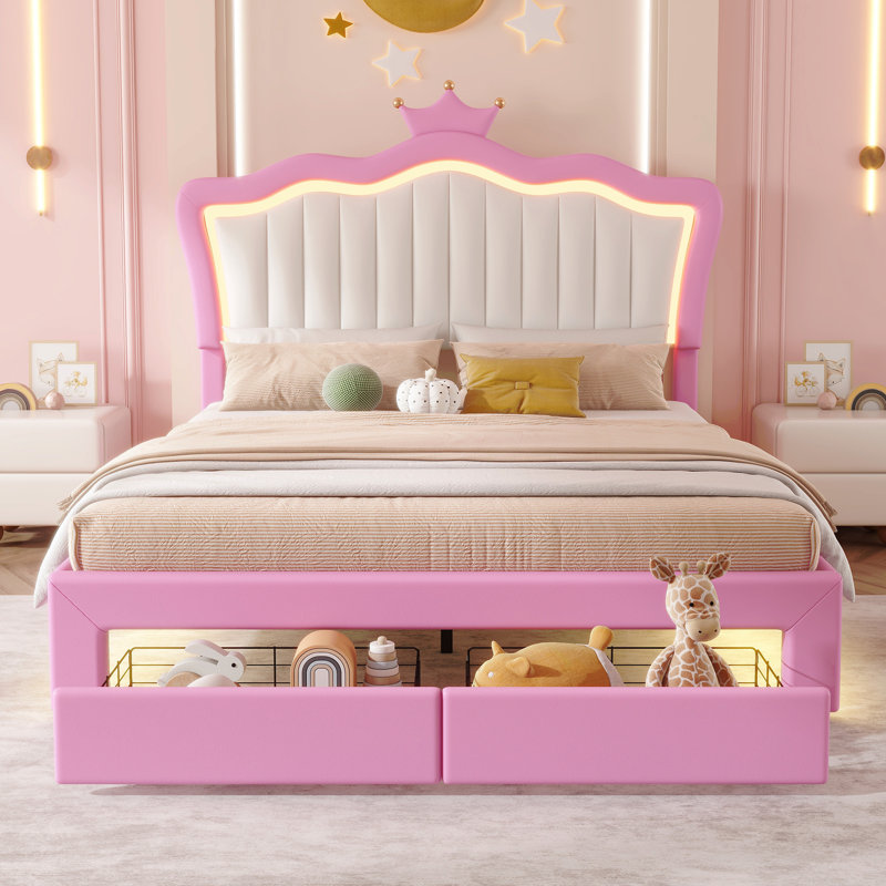 Structure de lit double pleine grandeur avec lumières DEL, lit princesse rembourré moderne avec tête de lit couronne, 2 tiroirs