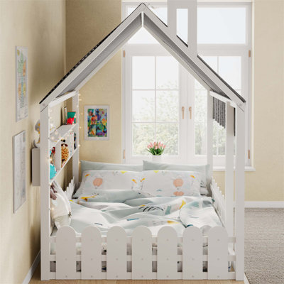 House-Shaped Floor Bed With Integrated Fence Railings, Built-In Storage Shelves, And Adjustable Star-Light Canopy For Safe, Independent Sleep.