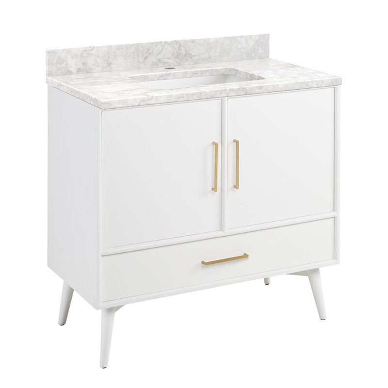 Ensemble de meuble-lavabo simple 30 po avec lavabo encastré rectangulaire Novak, Marbre de Carrare, Monotrou, Blanc