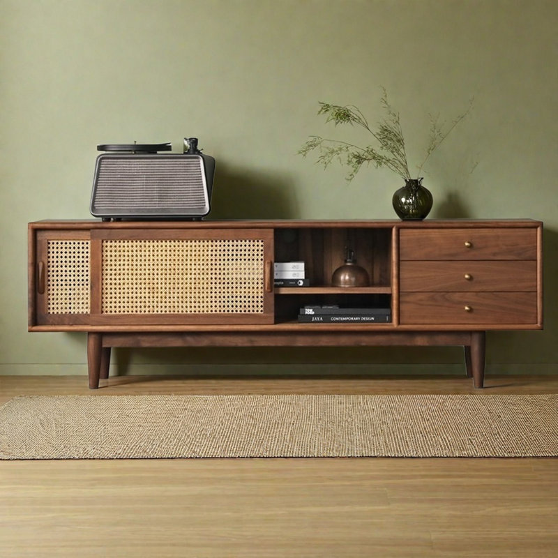 Meuble télé moderne en rotin simple, 70.9", Noir noyer