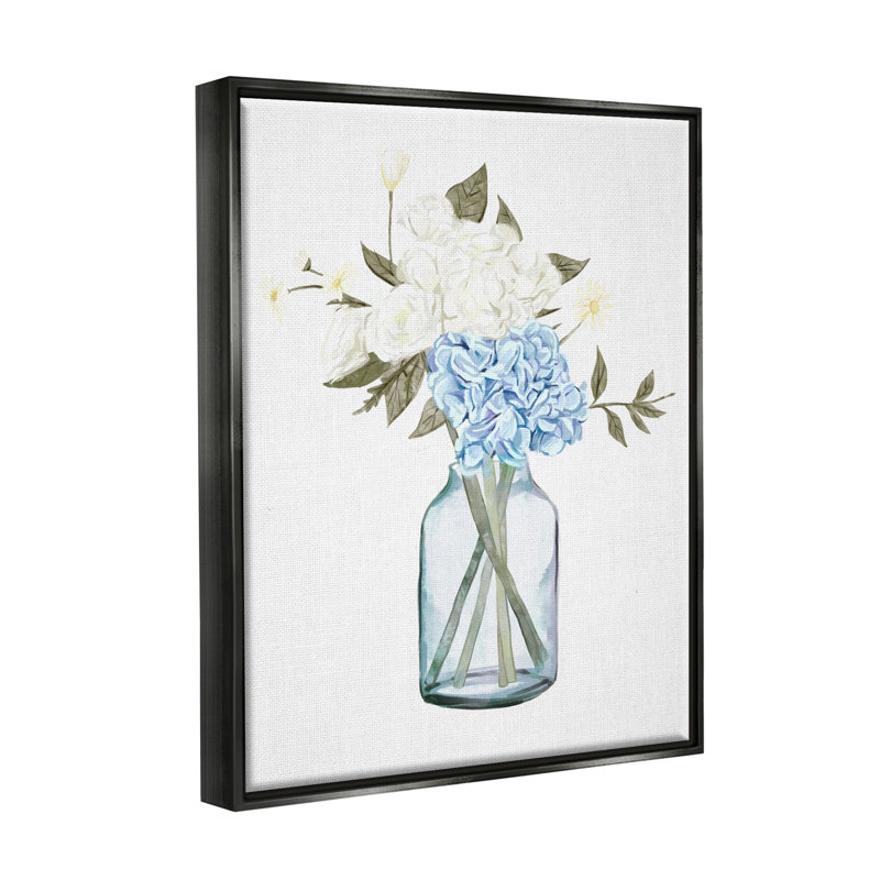 «Blue Hydrangea Bunches Vase Floater», art mural par Ziwei Li, Cadre flottant noir de jais, H 21 po x l 17 po x P 1,7 po