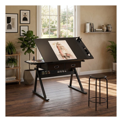 Adjustable Drafting Table with Two Drawers, Tilt-Top Artist Desk in Black