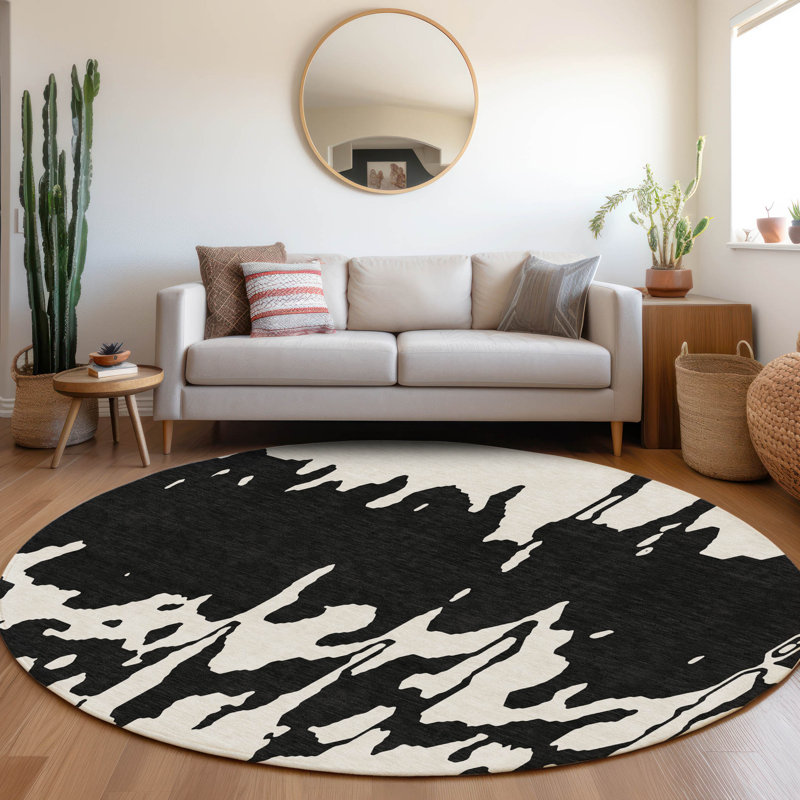 Premium Machine Washable Prisco Black Rug, Round 8'