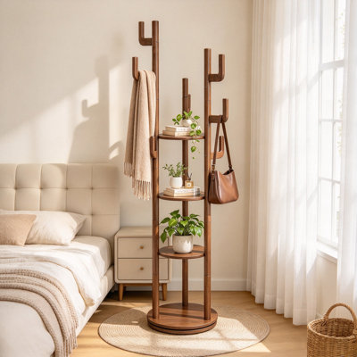 Portemanteau autoportant, portemanteau rotatif en bois massif avec 3 tablettes de rangement et 9 crochets, portemanteau pour chambre à coucher, salon, vestibule, porte-manteau pour manteaux, écharpes, sacs à main, chapeau (noyer)