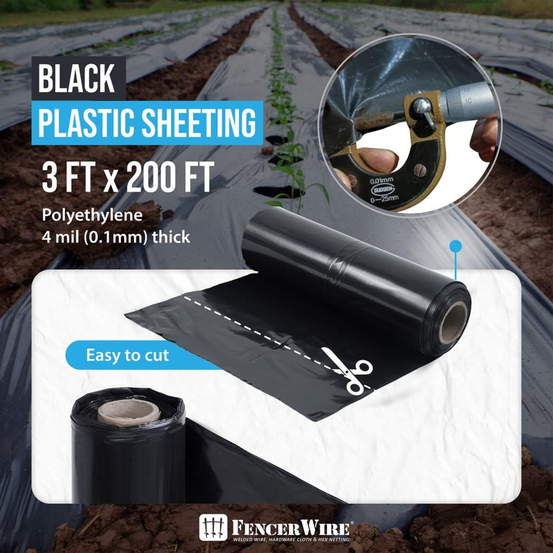 Fencer Wire 4 mil Black Plastic Sheeting Roll, Heavy-Duty Plastic Sheet, Multi-Purpose, 36" L × 2400" W