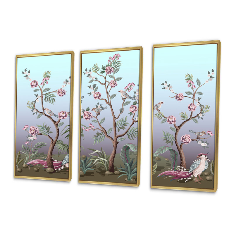 Chinoiserie avec oiseaux et pivoines II - ensemble d'art mural sur toile traditionnel encadré de 3, H 32 po x l 48 po, Doré