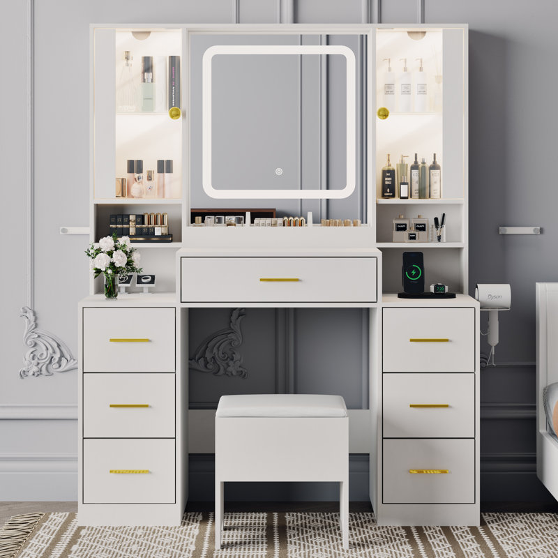 Ensemble de coiffeuse noire avec miroir à bande lumineuse DEL, 7 tiroirs et 2 armoires RVB, Blanc