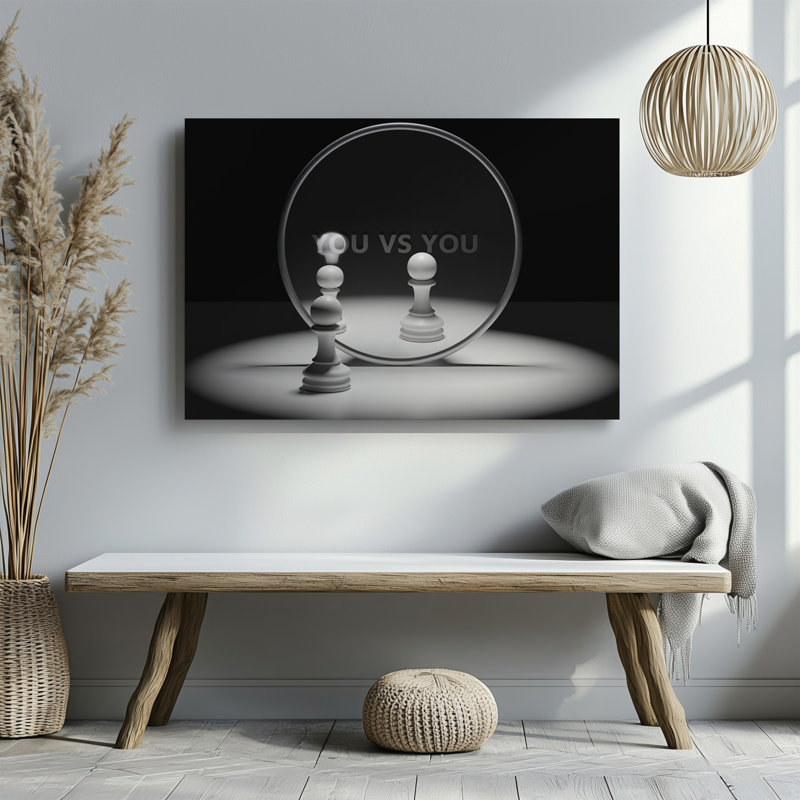 Toile, une scène minimaliste avec un fond sombre réfléchissant et un art mural, grand miroir circulaire au centre de la toile