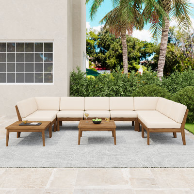 Solvara 10-Piece Modern Rustic Acacia Wood Outdoor Sectional Set With Coffee Table