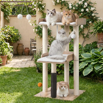 Tour pour arbre à chat moderne 43,7 po pour grands chats adultes, maisonnette pour chat avec poteau à griffer, grand perchoir, coussinets amovibles, grège