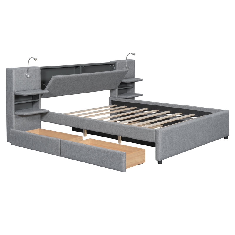 Upholstered Bed Frame With Headboard Platform Bed Frame with Reading Lights and Trundle, Gray