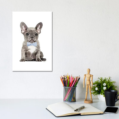 Grey French Bulldog With Blue Bow Tie by Amanda Greenwood - Wrapped Canvas Print