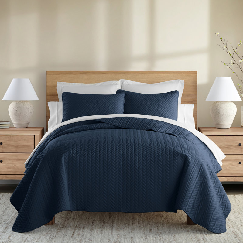 Ensemble de couvre-lit matelassé à chevrons doubles, Couvre-lit très grand et 2 taies décoratives, Bleu marine