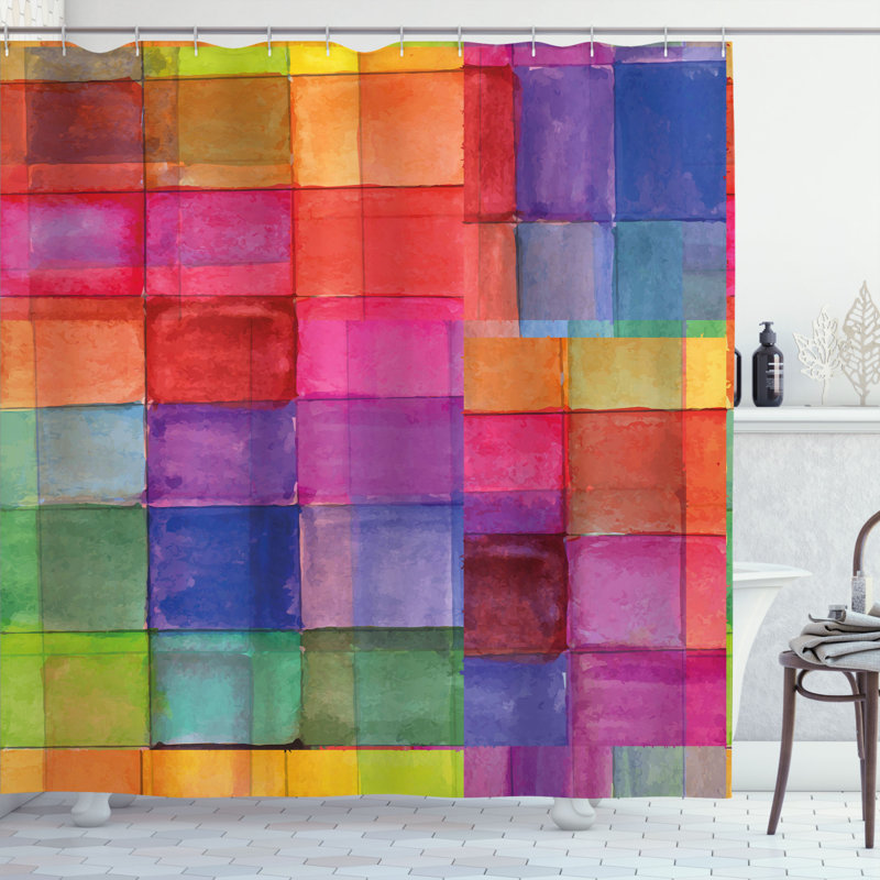 Ensemble de rideau de douche + crochets, H 69 po x l 105 po, Multicolore géométrique