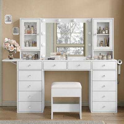 Makeup Vanity With LED Mirror, 14 Drawers, 2 Cabinets, Charging Station, Glass Top And Foldable Panel