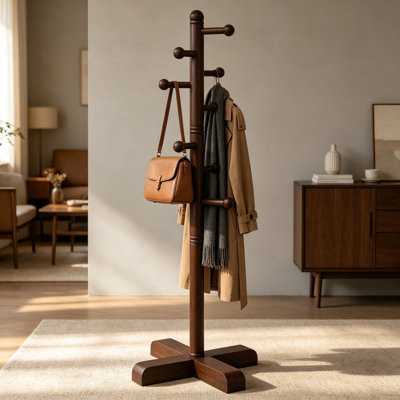 Portemanteau autoportant avec 8 crochets, 3 hauteurs réglables pour les vêtements, chapeaux, sacs à main, assemblage facile pour l'entrée, la chambre à coucher, le couloir, le bureau, le bois de pin massif