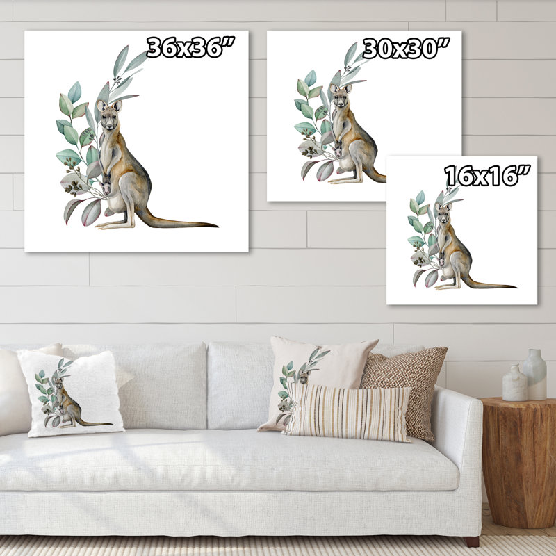 Kangourou avec feuilles d'eucalyptus - Peinture sur toile, H 16 po x l 16 po x P 1 po, Toile tendue