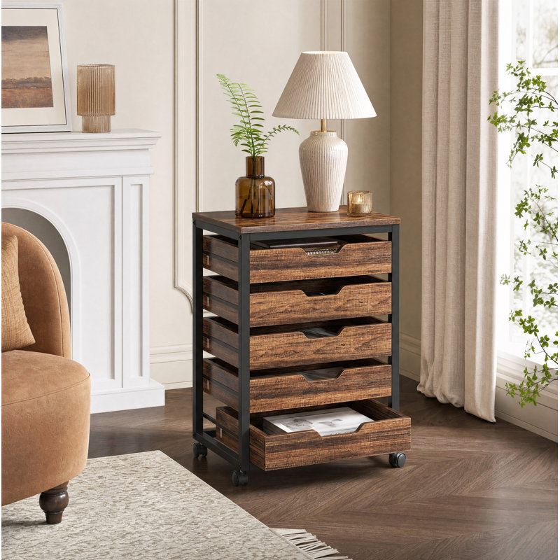 Commode à 5 tiroirs, armoire de rangement en bois avec roulettes, chariot de rangement de tiroir de rangement industriel pour hall d'entrée de chambre à coucher de bureau