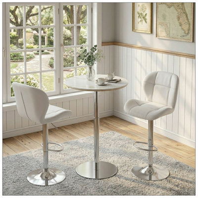 Ensemble de table de bar et tabourets réglables, table de hauteur de bar ronde avec plateau en pierre frittée et 2 tabourets de bar en cuir de polyuréthane blanc avec siège rembourré, ensemble bistro pivotant pour petits espaces