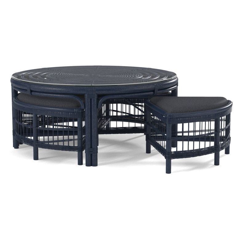 Raffles Rattan Cocktail Table with Benches, Blue Buffalo Check; 0120-61, Navy