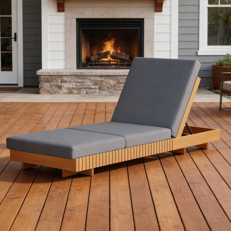 Lounge Chaise, Acacia Solid Wood With Lounge Cushion(Triple Folds), Dark Gray