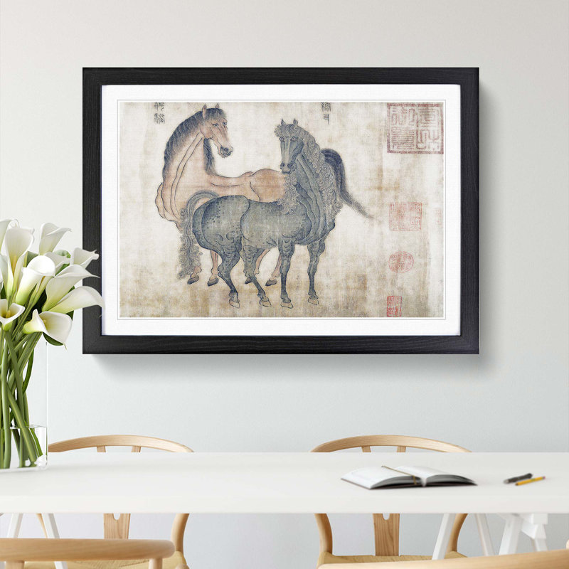 Two Horses by Zhao Mengfu - Framed Print, 48cm H x 65cm W x 2cm D, Black Framed