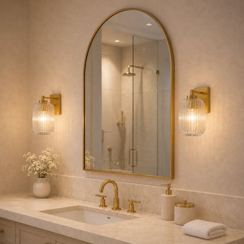 Brass Wall Sconce with Ribbed Glass Shade