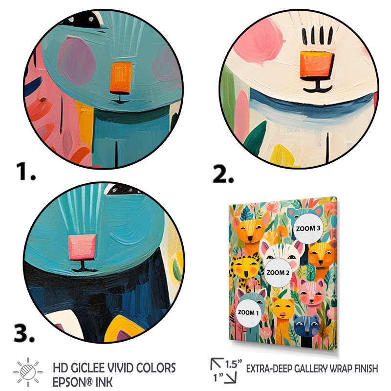 Nursery Colorful Animal Pattern III - Art mural de chambre de bébé, Toile tendue, H 32 po x l 24 po x P 1 po