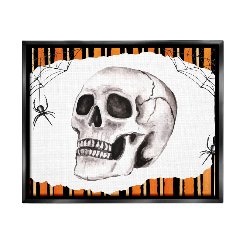Orange & Black Striped Skull by ND Art - Print, Jet Black Floater Frame, 17" H x 21" W x 1.7" D