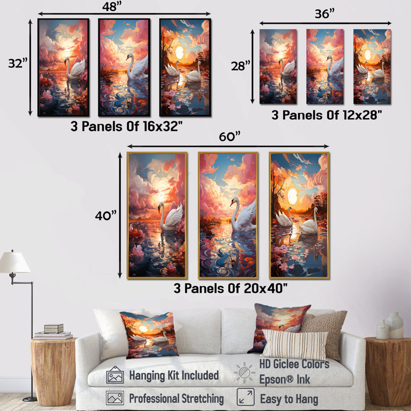 «Graceful Mirage Swans», ensemble de 3 reproductions d'art sur toile, H 28 po x l 36 po, Cadre flottant brun