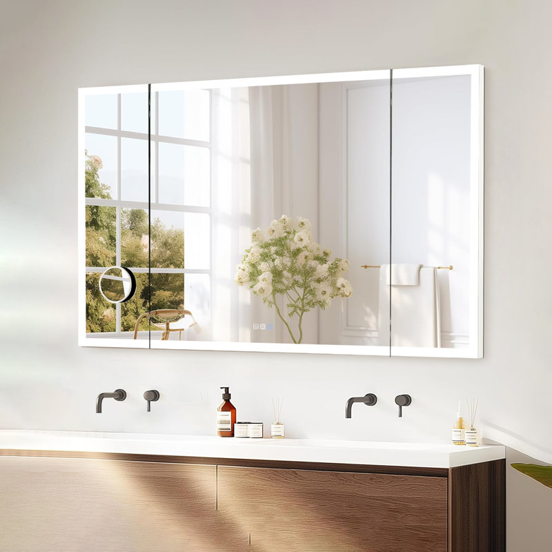 Tri-Fold Wall Mirror with Backlit, Front-lighted, Removable 10x Magnifying Mirror, Dimmer, Defogger, 36" x 60"