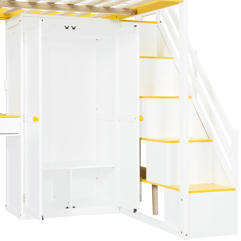 Lit mezzanine double avec escalier de rangement et sous-lit multi-zones, blanc et jaune. Escalier réglable, miroir intégré, chargement pour tablettes, tablettes latérales ouvertes, configuration de la commode