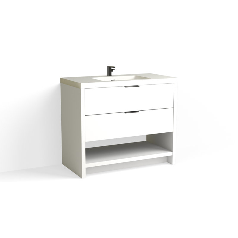 Vue 42" W Freestanding Single Bathroom Vanity, Nimbus, Glossy White/8" Widespread, Matte Black