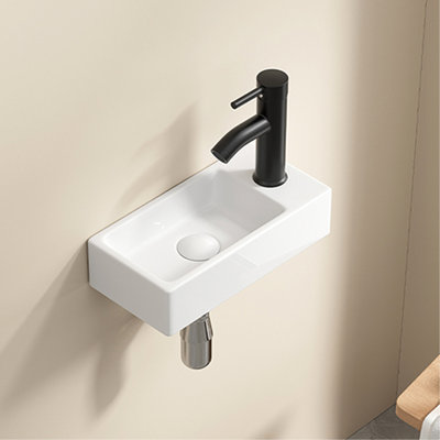 Wall Hung Rectangle Ceramic Wash Basin, Small Milk White American Traditional Cloakroom Sink, 14*7*3Inch, Left Hand, Single Tap Hole For Hand Style White, Bathroom