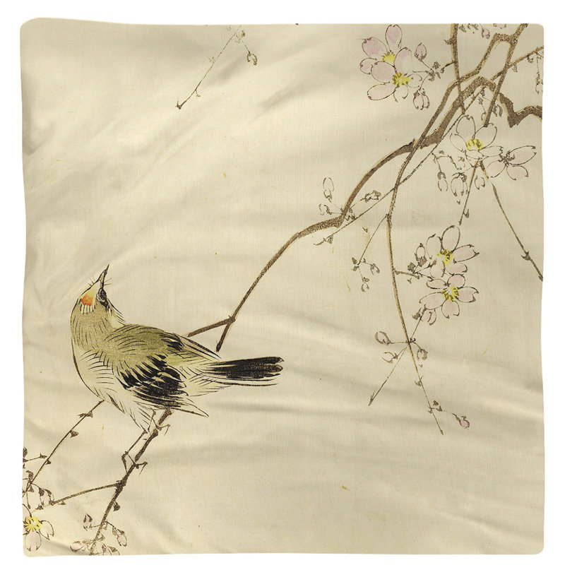 Serviette de coton 10 po à oiseau japonais et fleurs rétro Keito Sato, Jaune
