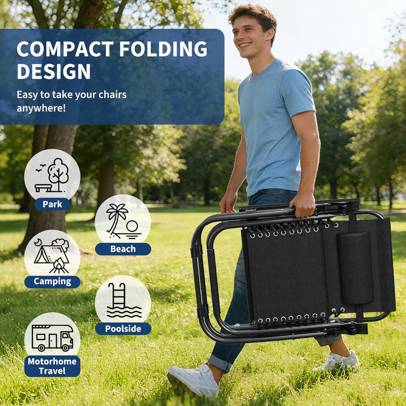 Ensemble de 2 chaises avec plateau-coussin et porte-gobelet. Méridienne inclinable réglable. Chaise de camping pliante portative pour terrasse. Plage. Cour. Jardin